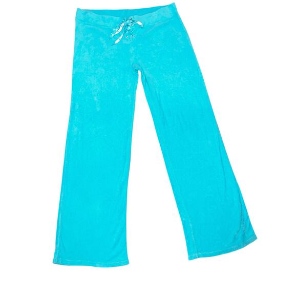 Y2K JLo Jennifer Lopez teal low rise wide leg terry cloth track pants size large - Picture 6 of 8